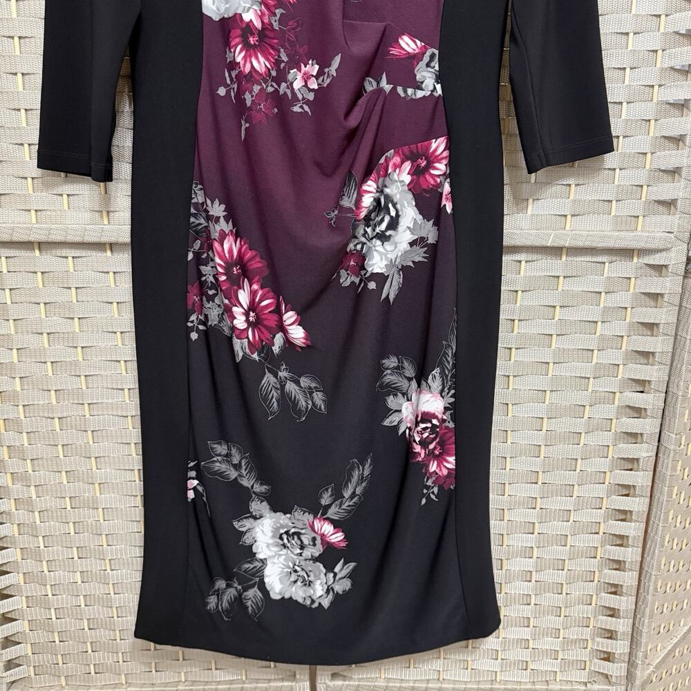 Joseph Ribkoff Illusion Yoke Sheath Dress Size 16 Black Purple Floral Knit - Picture 4 of 9